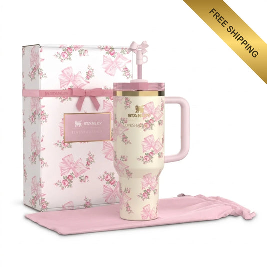 Stanley LoveShackFancy 40 oz Quencher Tumbler – Pink Floral Bow Design