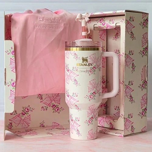 Stanley LoveShackFancy 40 oz Quencher Tumbler – Pink Floral Bow Design – view 2